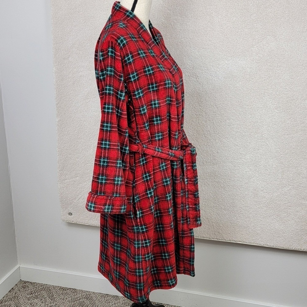 Lauren Ralph Lauren Plaid Robe‎ Women Large Red Excellent Fleece Monogram Belted - Picture 9 of 12